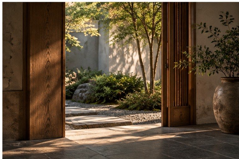 A peaceful garden viewed from a warm, light-filled room
